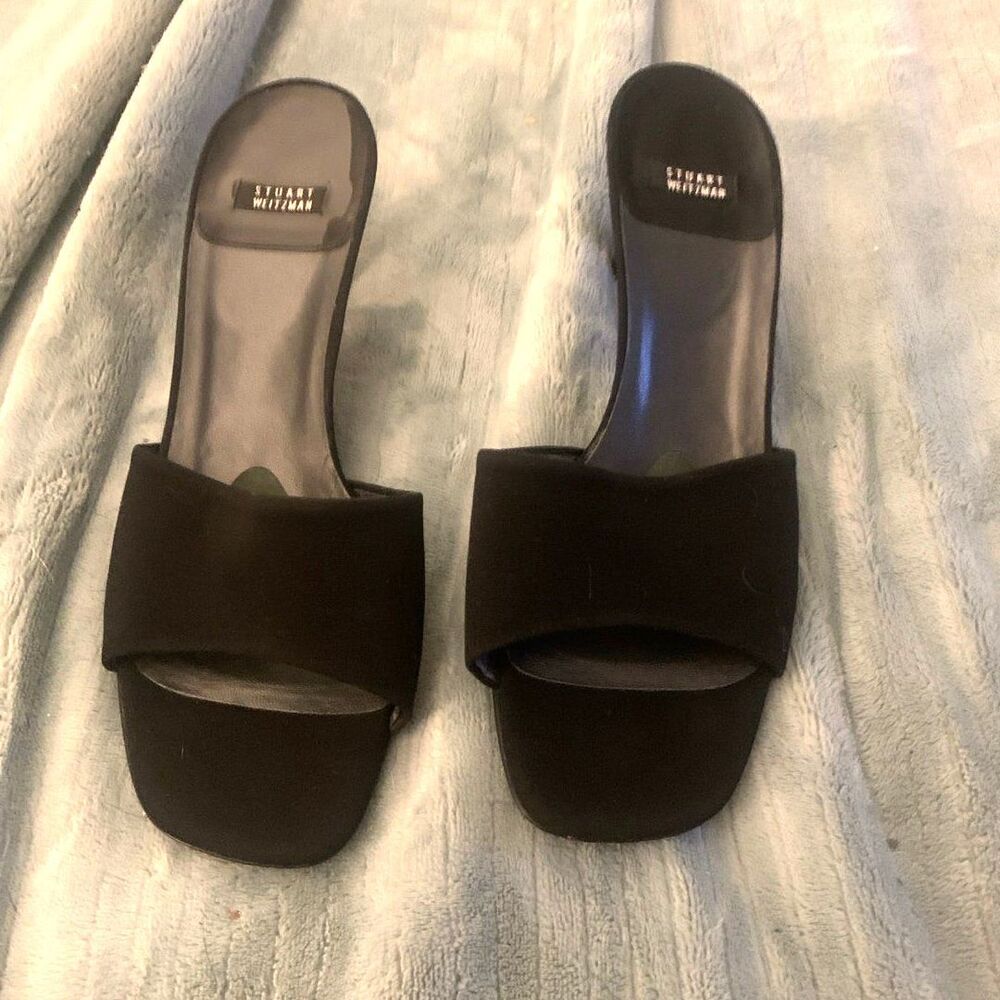 Stuart Weitzman Women’s 8.5 Black Fabric Slip-On Heels 2.5” Glossy Heel
